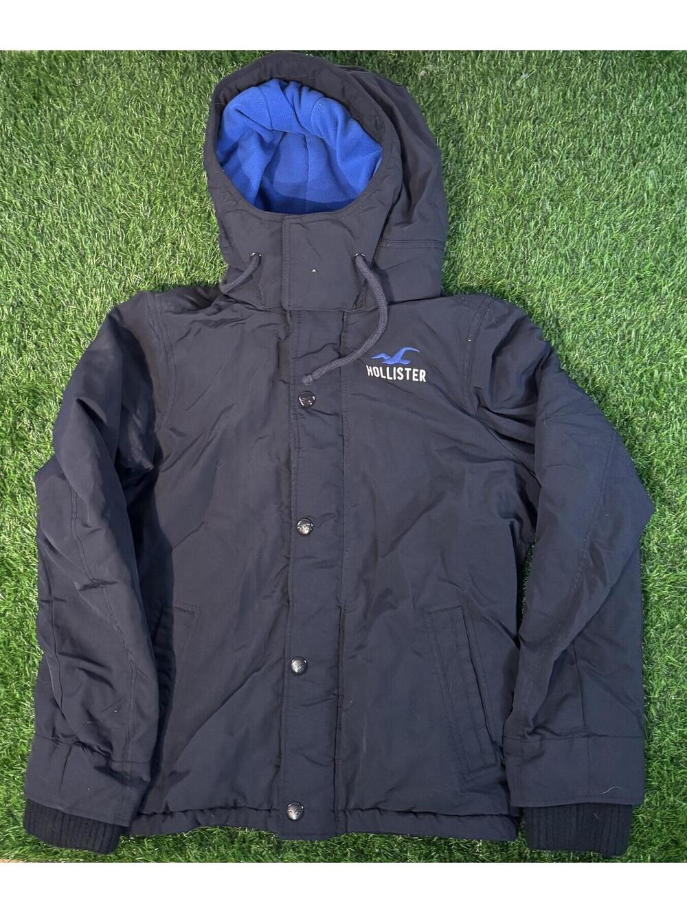 Hollister Men's Black Hooded Winter Jacket with Blue Lining, Medium